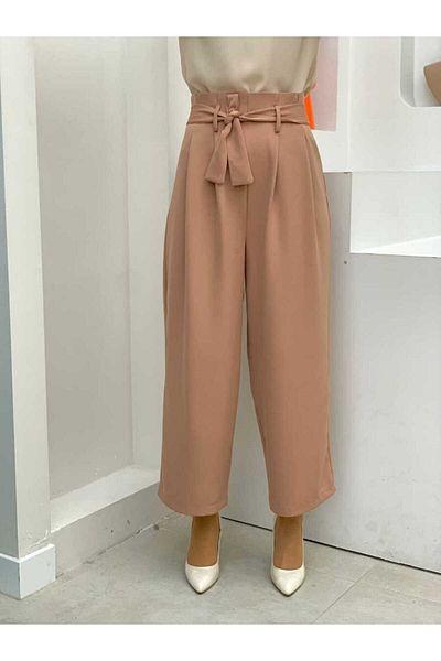 Bym Fashion Παντελόνι με κορδόνια με φερμουάρ 0174 Tan