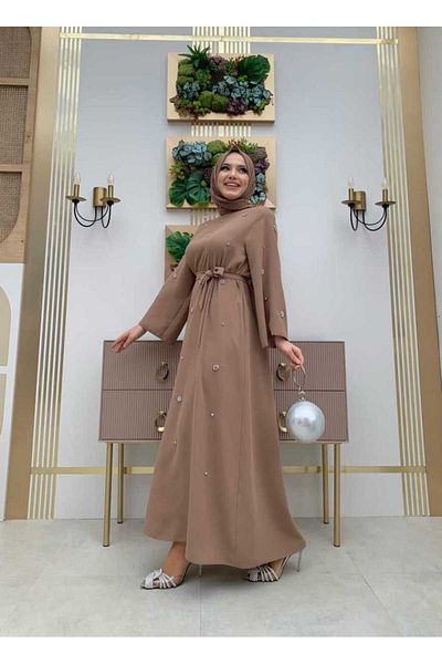 Bym Fashion Πέτρινο φόρεμα με λεπτή μέση ζώνη 3797 Mink
