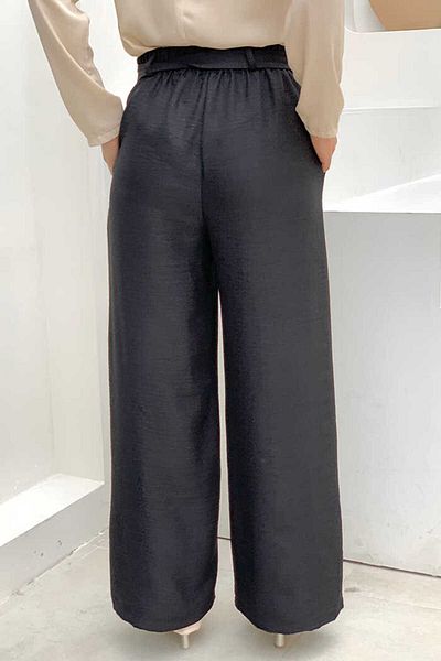 Bym Fashion Button Detailed Waist Tied Pocket Loose Trousers 0275 Black
