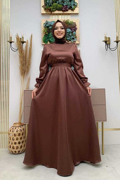 Bym Fashion Βραδινό φόρεμα με λεπτομέρεια σατινέ 3791 καφέ