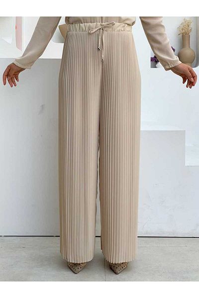 Bym Fashion Ελαστική μέση με κορδόνια εμφάνιση πλισέ παντελόνι 0129 πέτρα