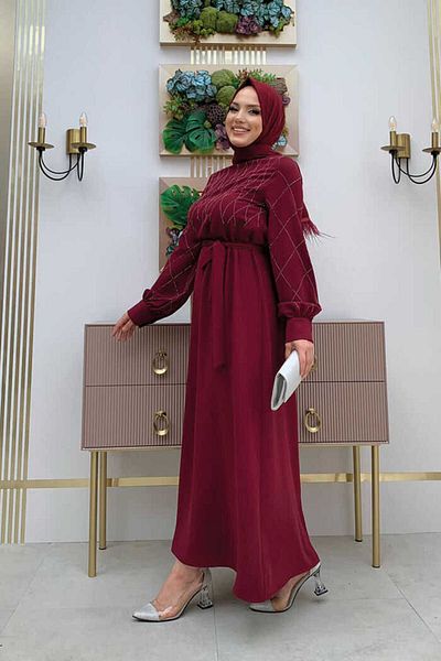 Bym Fashion Stone Embroidered Belted Dress 3830 Claret Red
