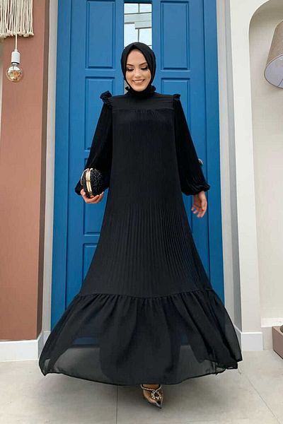 Bym Fashion Πλισέ μαύρο φόρεμα σιφόν με ζώνη μέσης 3628