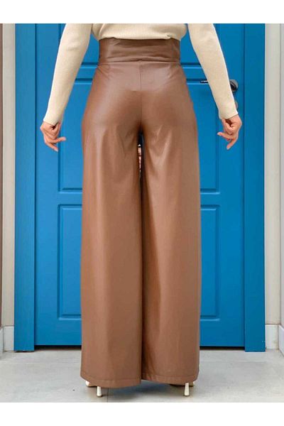 Bym Fashion Λεπτομερές δερμάτινο παντελόνι τσέπης με φερμουάρ 0253 Tan