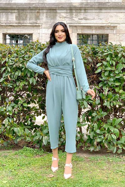 Bym Fashion Half Throat Detail Jumpsuit with Waist Tie Detail 3672 Mint