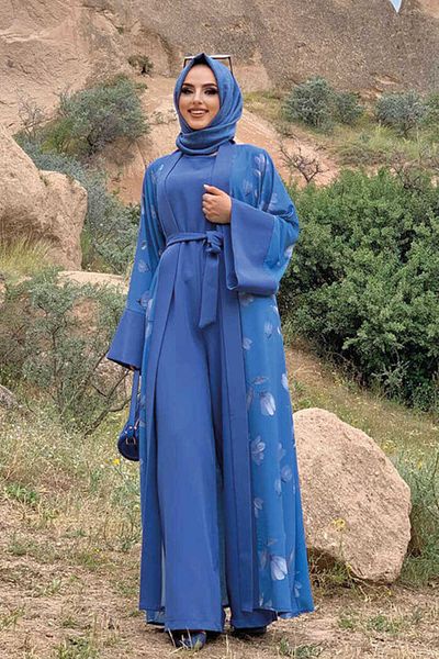 Bym Fashion Σετ ολόσωμη φόρμα με μοτίβο Abaya μονόχρωμη τσέπη με ζώνη μηδενικό μανίκι 8312 Indigo