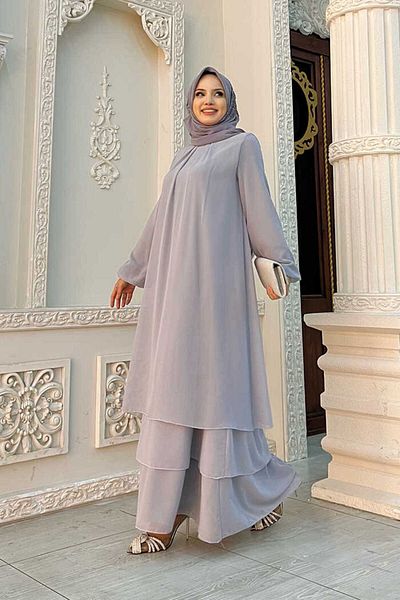 Bym Fashion Layered Look Μανίκια Φόρεμα σιφόν ελαστικό 3060 Γκρι