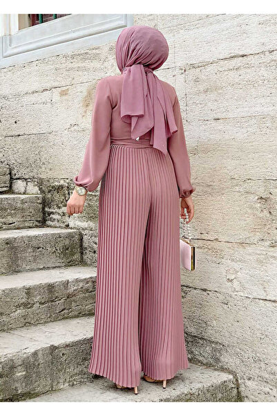 Bym Fashion Skirt Pleated Detailed Waist Belted Sleeve Cuffs Elastic Jumpsuit 3704 Powder
