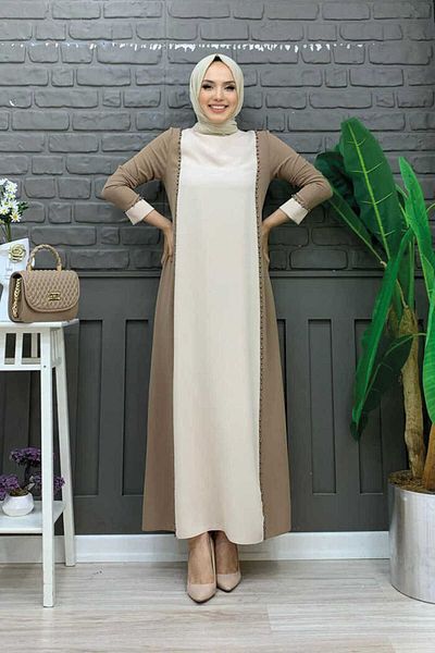 Bym Fashion Φόρεμα δίχρωμο με στάμπα πέτρας 3848 Mink
