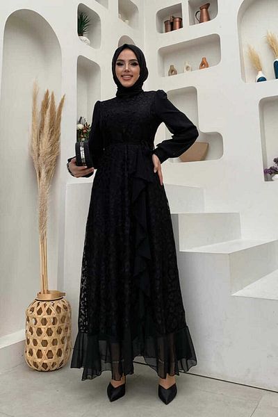 Bym Fashion Φόρεμα Lace Look Chiffon Retail 3783 Μαύρο