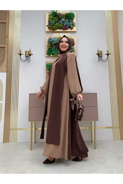 Bym Fashion Φόρεμα Δίχρωμο Κομμάτι Λεπτομέρεια Balloon Sleeve Look 3799 Καφέ