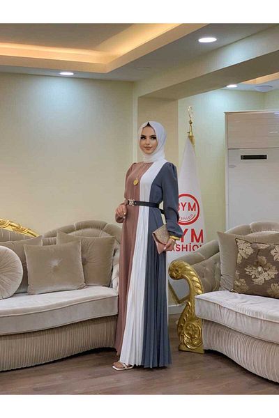 Bym Fashion Τρίχρωμη ζώνη μέσης πιέτες λεπτομέρειας φόρεμα 3622 καπνιστό
