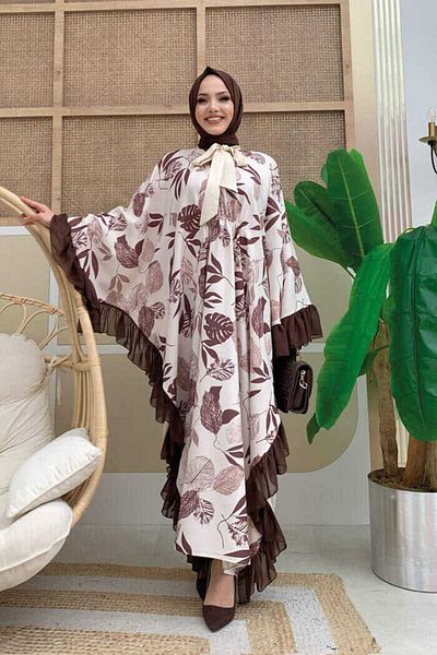 Bym Fashion Φόρεμα σιφόν με μοτίβο φύλλων Λεπτομερές κασκόλ γιακά φόρεμα καφέ