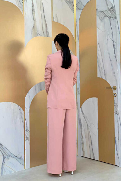 Bym Fashion Düğme Detay Blazer Ceket Bol Pantolon Takım 8302 Pudra