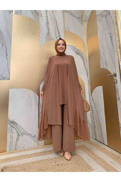 Bym Fashion Σιφόν Ruffle Appearance Τριπλό Σετ με αμπαζούρ 8411 Tan