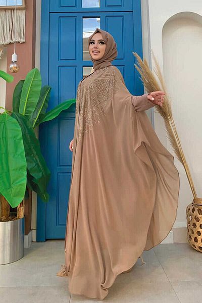 Bym Fashion Σετ Βραδινού Φόρεμα Φόρεμα Σιφόν Κάπα Κεντητό Πέτρα 3651 Mink