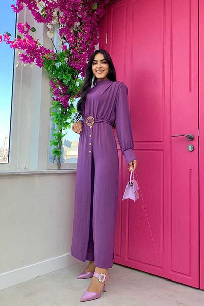 Bym Fashion بذلة بأزرار وخصر مطاطي مع إكسسوار حزام 3757 أرجواني