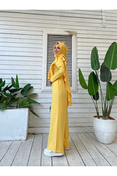 Bym Fashion Shoulder Part Ruffle Cloak Detailed Back Zip Jumpsuit 3780 Yellow