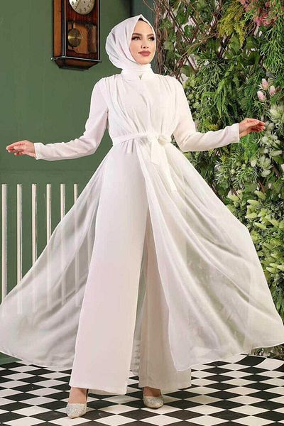 Bym Fashion Chiffon Cloak Detail Waist Belted Jumpsuit 3330 Ecru