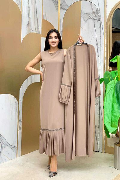 Bym Fashion Πέτρινο Σετ Φόρεμα Abaya Zero Sleeve 3657 Mink