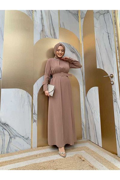 Bym Fashion Φόρεμα ζωνισμένο με λεπτομέρεια γιακά 3825 Mink