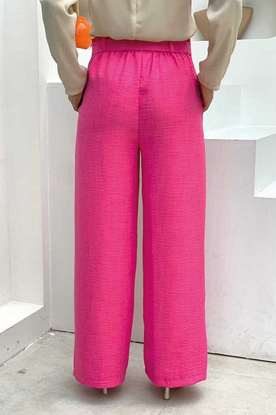 Bym Fashion Button Detailed Waist Tied Pocket Loose Trousers 0275 Fuchsia