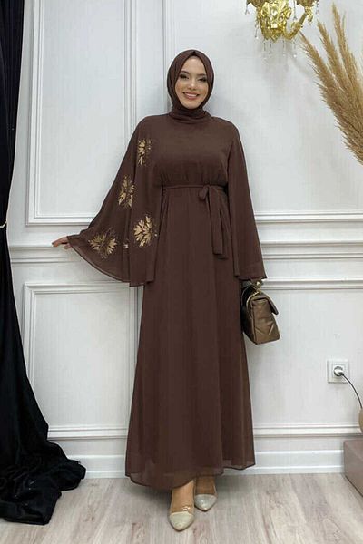 Bym Fashion Βραδινό φόρεμα Yarasakol Μονό μανίκι με στάμπα σιφόν 3539 Καφέ