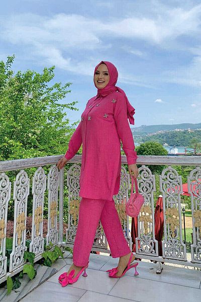 Bym Fashion Πέτρινο Κουμπωτό τουνίκ και Παντελόνι Διπλό Κοστούμι 8404 Φούξια