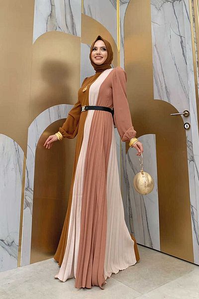 Bym Fashion Τρίχρωμη ζώνη μέσης πιέτες λεπτομέρειας φόρεμα 3622 Tan