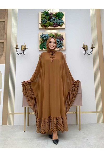 Bym Fashion Σετ φόρεμα με κάπα σιφόν με λεπτομέρεια με στίγματα 3643 Tan