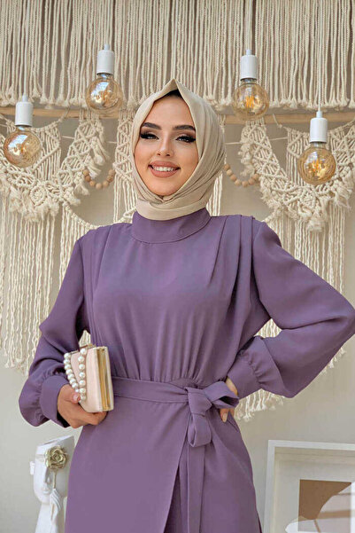 Bym Fashion Piece Detailed Shoulders Fold Detail Waist Belted Jumpsuit 3742 Lilac