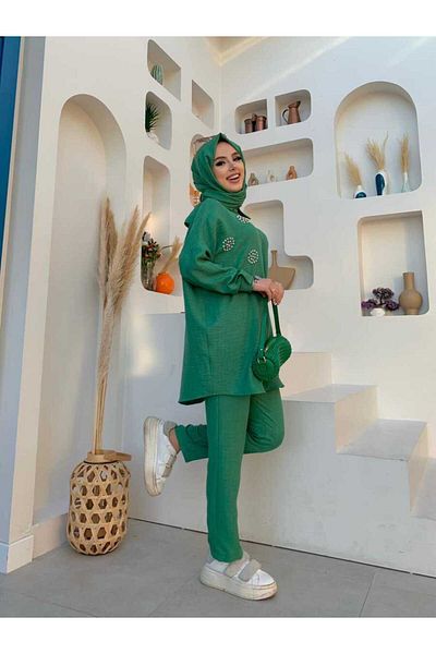 Bym Fashion Σετ Λεπτομερές Πέτρινο Τονίκ και Παντελόνι με Κουμπιά 8403 Emerald