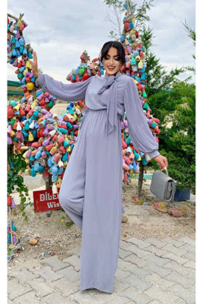 Bym Fashion Sleeve and Collar Pleated Detailed Waist Belted Chiffon Jumpsuit 3507 Gray
