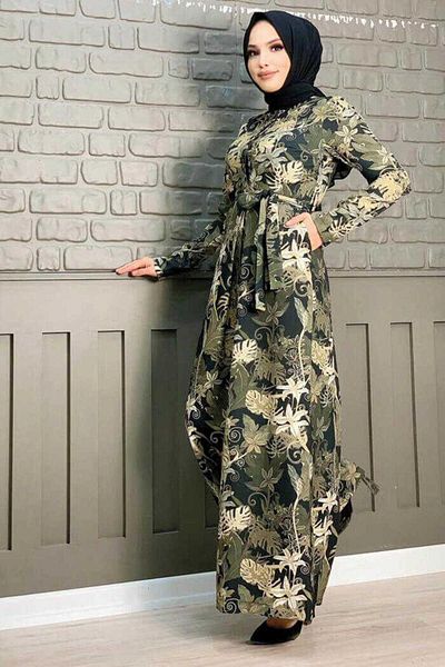 Bym Fashion بذلة منقوشة بحزام خصر وأزرار مخفية على الصدر 3486 باللون الأسود
