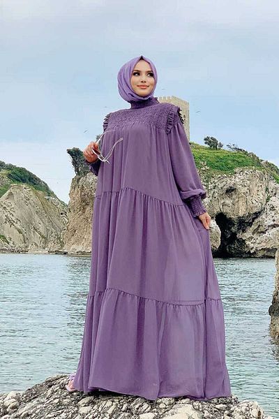 Bym Fashion Shoulder Side Gathered Look Casual Lined Dress 3511 Lilac