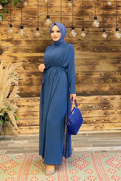 Bym Fashion Chiffon Cloak Detail Waist Belted Jumpsuit 3330 Indigo