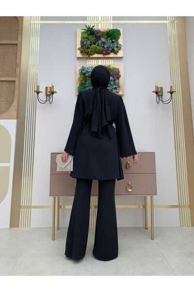 Bym Fashion Taş İşleme Detaylı Kuşaklı Tunik ve Pantolonlu Takım 8432 Siyah