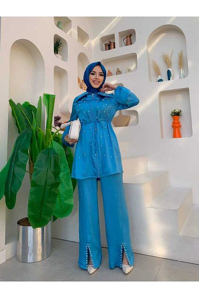 Bym Fashion Σετ παντελόνι με φερμουάρ με μαργαριταρένιο λαιμό και σχίσιμο 8415 μπλε
