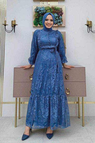Bym Fashion 3847 Δαντελένιο κέντημα μπροστά με κουμπιά βολάν φόρεμα Indigo