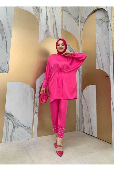 Bym Fashion Διπλό κοστούμι με λεπτομέρεια μπροστινής συλλογής και λεπτομέρεια κεντήματος με πέρλες 8416 Φούξια