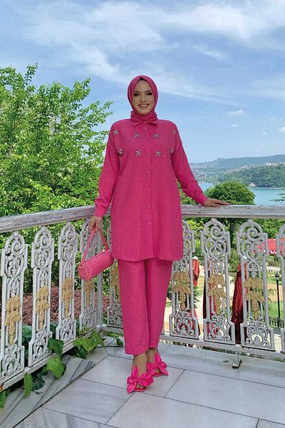 Bym Fashion Πέτρινο Κουμπωτό τουνίκ και Παντελόνι Διπλό Κοστούμι 8404 Φούξια