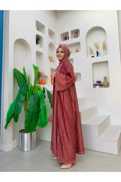 Bym Fashion Lace Abaya Waist Belted Pocket Detailed Jumpsuit Set 3782 Dried Rose