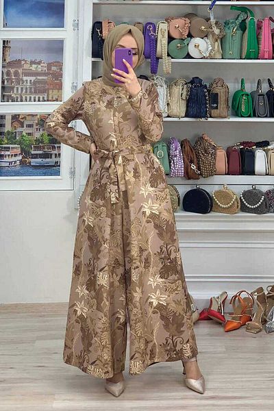 Bym Fashion Ολόσωμη φόρμα 3486 Mink με στάμπα με στάμπα με κρυφά κουμπιά στη μέση