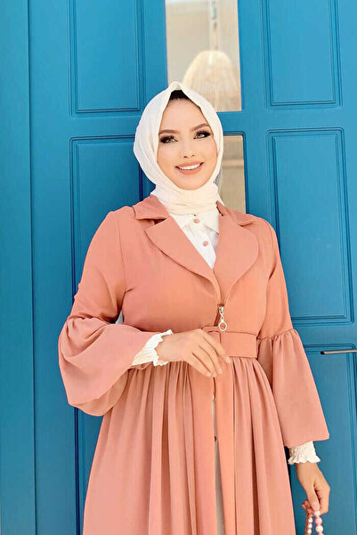 Bym Fashion Kemer Aksesualrı Şifon Detaylı Abaya ve İçlik Takım 8391 Somon