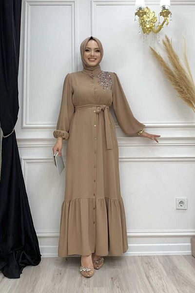 Bym Fashion Neck Buttoned Shoulder Jewel Embroidery Detailed Ferace Dress 3840 Mink