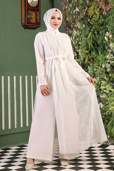Bym Fashion Chiffon Cloak Detail Waist Belted Jumpsuit 3330 Ecru