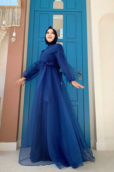 Bym Fashion Abendkleid aus Tüll mit Schulterband und Taillenband, 3964, Marineblau