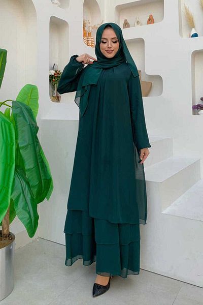 Bym Fashion Lagenlook-Ärmelmanschetten-Kleid aus elastischem Chiffon 3060 Smaragd