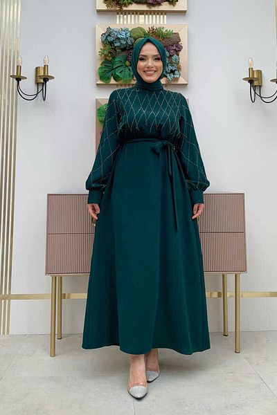 Bym Fashion Φόρεμα Ζωντανό Κεντητό Κόσμημα 3830 Emerald