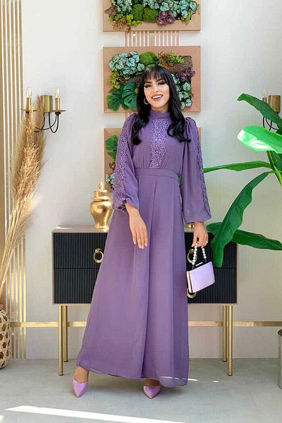Bym Fashion بذلة شيفون بأكمام مطاطية وتفاصيل مطرزة بالدانتيل 3730 أرجواني